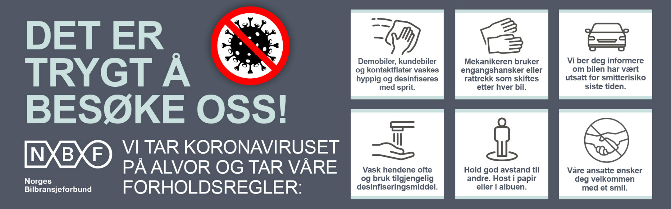 banner som sier at det er trygt å besøke bilbransjen under koronapandemien